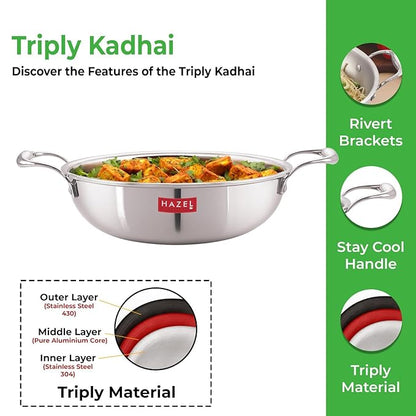 Hazel Triply Stainless Steel Cookware I Triply Kadai Steel 1.2 litres I Induction Bottom Triply Cookware