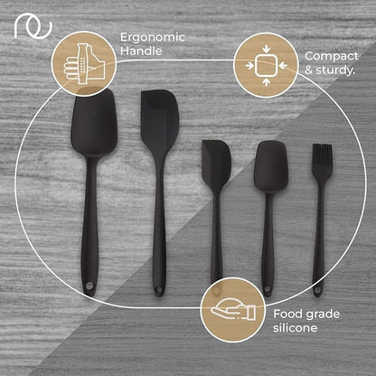 Frenchware Set of 5 Spatulas, Black | Non-stick Premium Silicone Spatula for Cooking, Baking & Mixing, Seamless Design