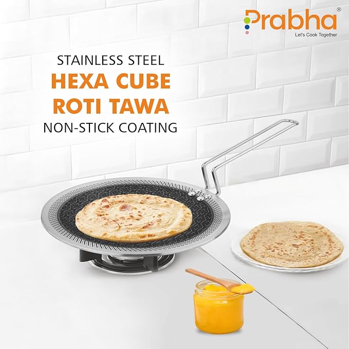 Prabha Tri-Ply Stainless Steel Hexa Cube Tawa Non Stick Coating Roti Tawa Food Grade Steel 28cm