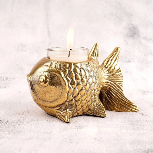 BEHOMA Aluminium Fish Figurine for Good Luck and Success | Candle Holder for Home Dcor Tabletop Living Room | Showpiece for Valentine's Day, Birthday , Gold