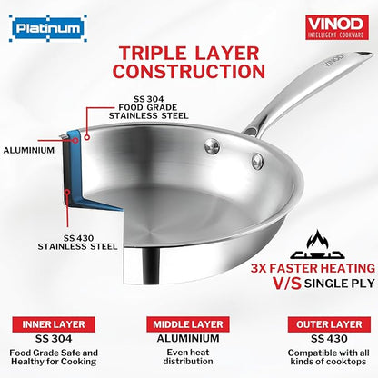 Vinod Platinum Triply Stainless Steel Frypan 18 cm | 2.5 mm Thick | Steel Pan | Scratch Resistant, Non Toxic