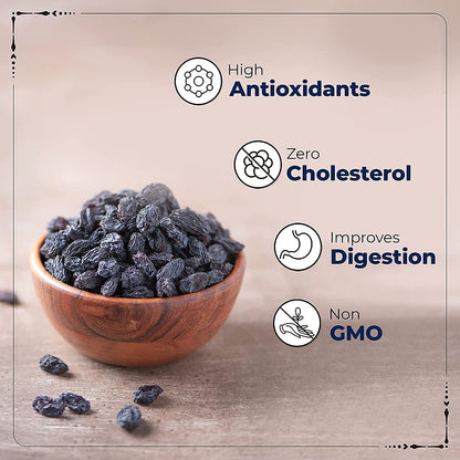 Nutri Organics Premium Afghani Black Raisins With Seeds 200g | Kali Kishmish | Munakka Dry Fruits | Delicious & Healthy Snack | High in Antioxidants, Naturally Sweet & tasty