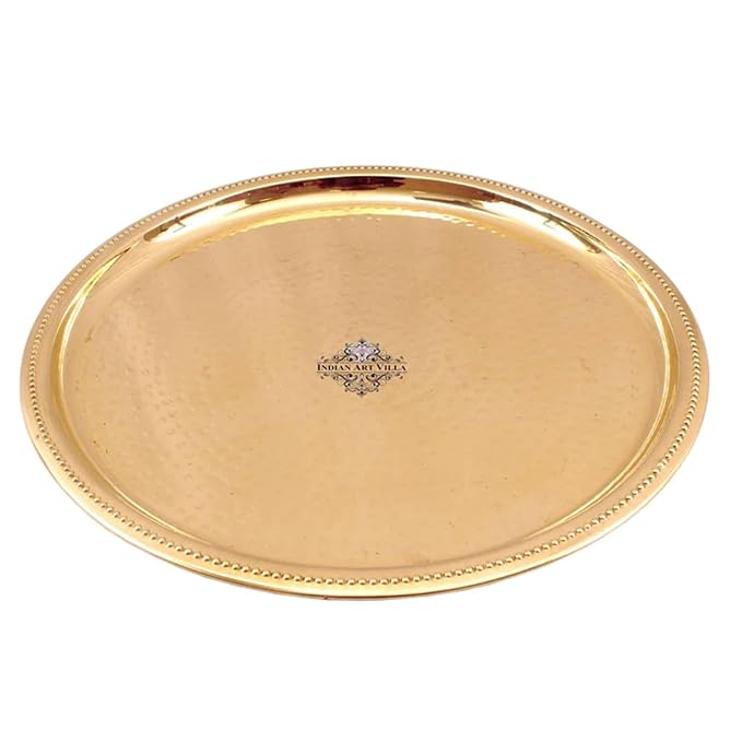 Indian Art Villa Hammered Brass Serving Plate 14.1" Inch, Gold