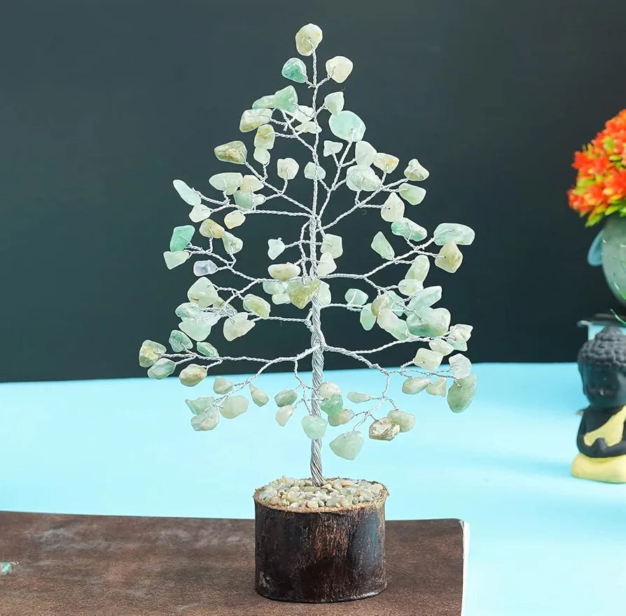 Crocon Green Jade Crystal Bonsai Tree Silver Wire