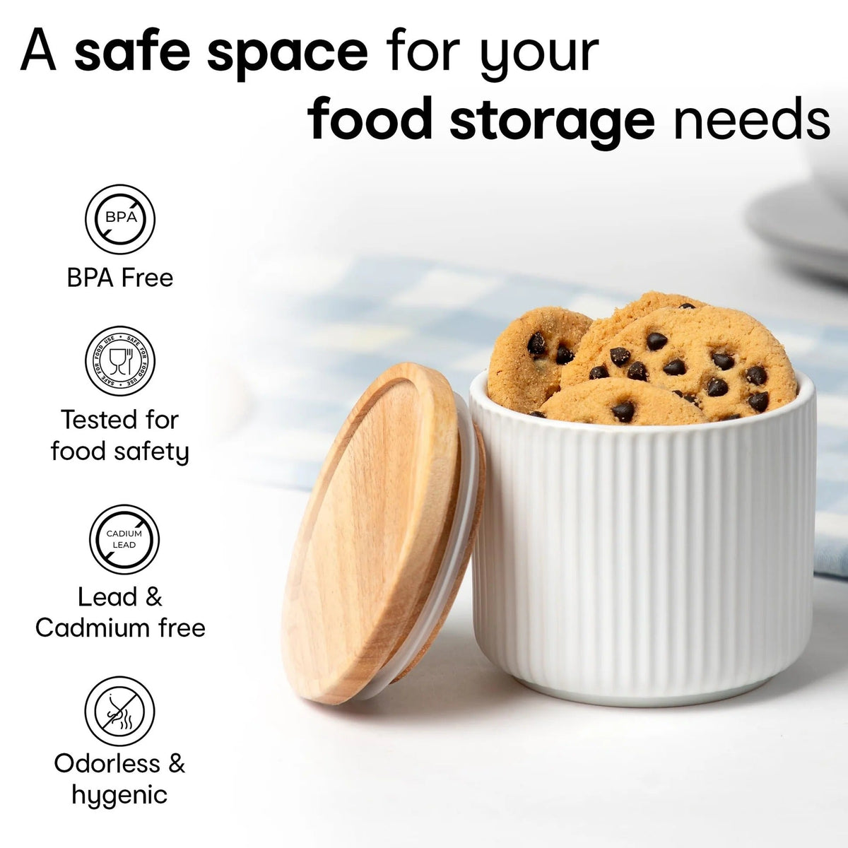 Anko Set of 3 Stoneware Ceramic Jars 400ml | Rubberwood Lid & Silicone Ring | Beige