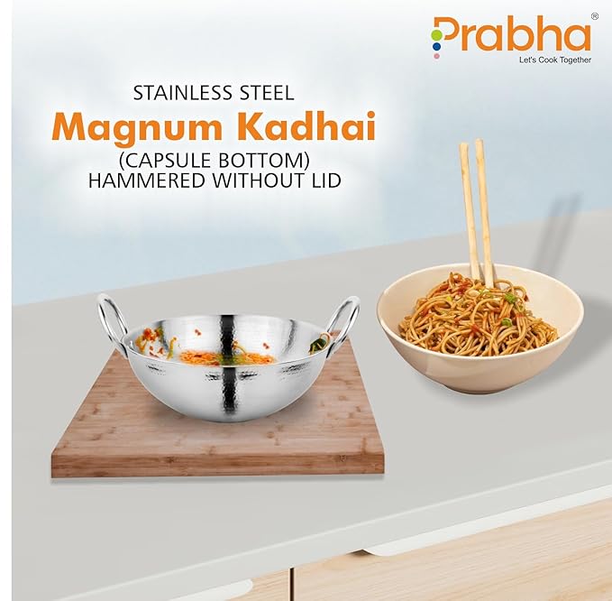 Prabha Stainless Steel Hammered Finish Heavy Gauge Kadhai Kitchen Wok with 0.5L Capacity 145 mm