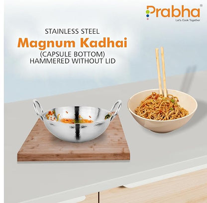 Prabha Stainless Steel Hammered Finish Heavy Gauge Kadhai Kitchen Wok with 0.5L Capacity 145 mm