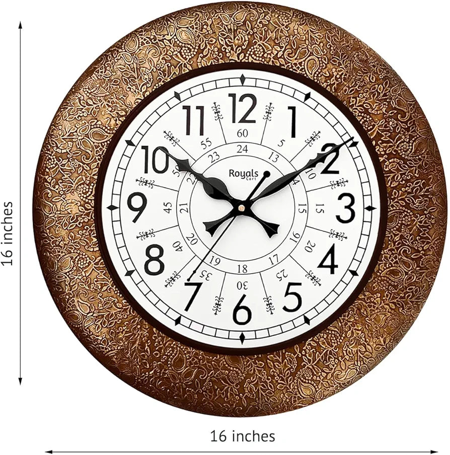 RoyalsCart Ethnic Handcrafted Designer Wall Clock with Decorative Metal Golden Antique Wooden Wall Clock [KTWC213N] Golden Decorative Metal