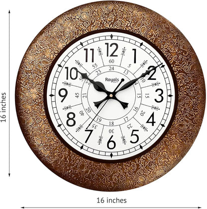 RoyalsCart Ethnic Handcrafted Designer Wall Clock with Decorative Metal Golden Antique Wooden Wall Clock [KTWC213N] Golden Decorative Metal