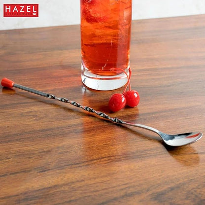 Hazel Satinless Steel Bar Spoon Teardrop Twisted Design Bar Stirrer Bar Spoon with Red Drop