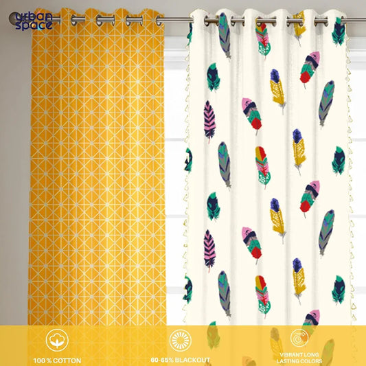 Urban Space Cotton Curtains for Door Combo Set of 3 Tieback & Eyelets Included with Curtains Yellow Star & Dream Catcher