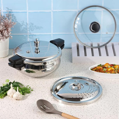 Vinod Magic Stainless Steel Smart 3 in 1 Pressure Cooker 3.5 Litre | 5mm Thick Base | All in One Cooker with Strainer & Glass Lid