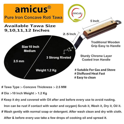 Amicus Kitchen Premium Iron Tawa For Roti Chapati Concave With Wooden Handle 10 Inch Black