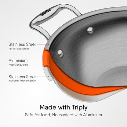 Stahl Artisan Triply Stainless Steel Kadhai With Lid | Kadai for Cooking | Stainless Steel Cookware Triply Kadai | 3.3 L | 26 Cm