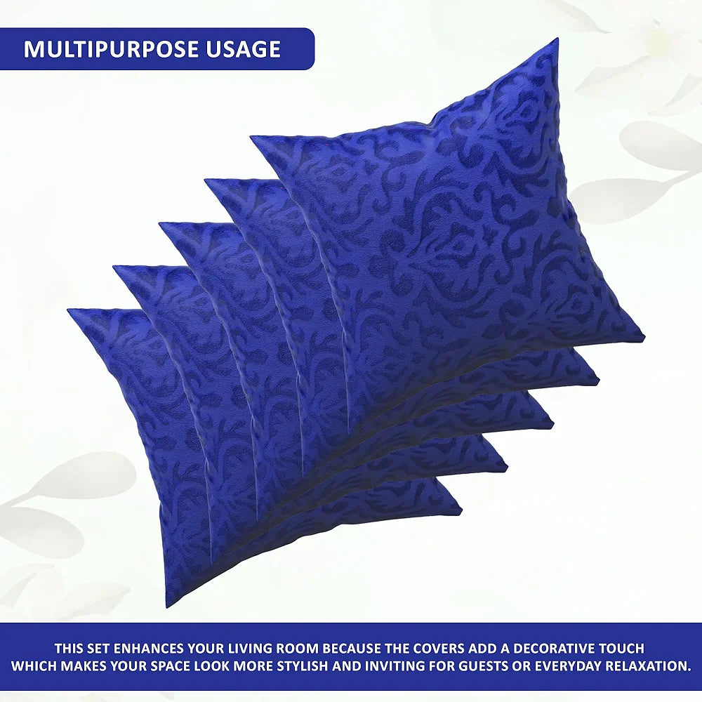 Kuber Industries Set of 5 Washable & Removable Velvet Sofa Pillow Covers with Zip Floral Design Royal Blue