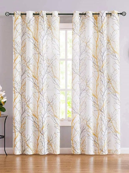 Urban Space Cotton Curtains for Door Set of 2 with Eyelets and tieback (Colou Branch Yellow)