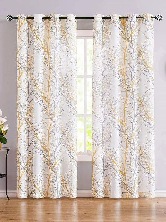 Urban Space Cotton Curtains for Door Set of 2 with Eyelets and tieback (Colou Branch Yellow)
