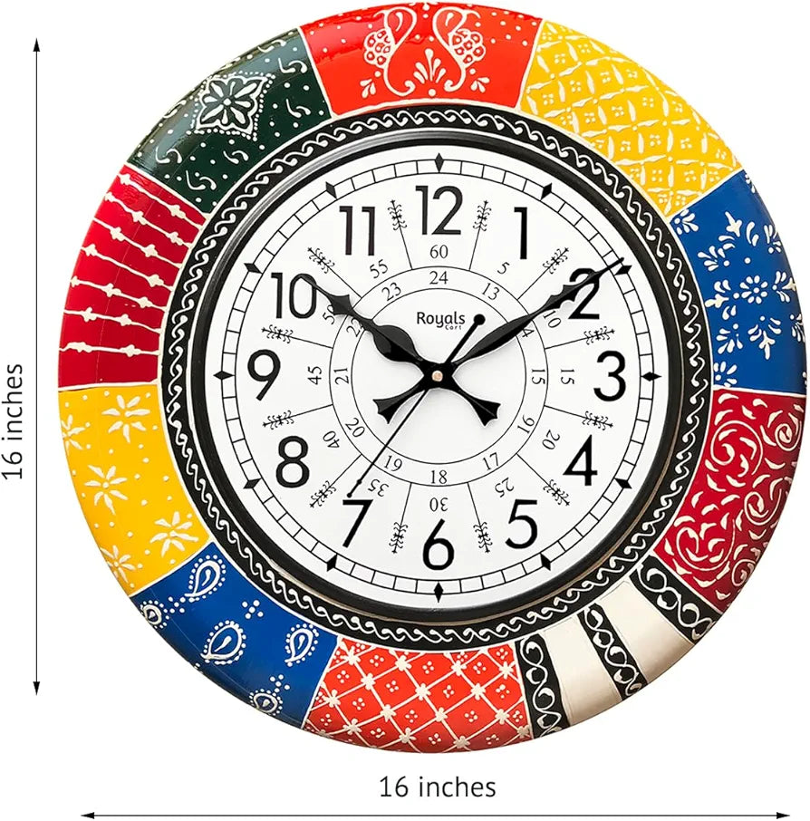 RoyalsCart Ethnic Handcrafted Decorative Wall Clock with Rajasthani Painting Multicolour Wooden Clock [KTWC139N] Boistrous Designer Painting