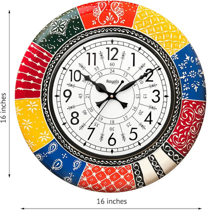 RoyalsCart Ethnic Handcrafted Decorative Wall Clock with Rajasthani Painting Multicolour Wooden Clock [KTWC139N] Boistrous Designer Painting