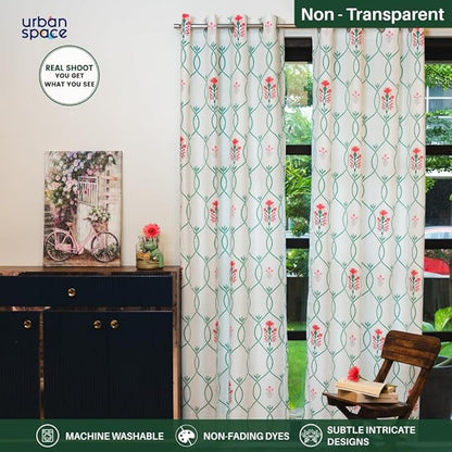 Urban Space Cotton Semi Sheer Curtains for Door Set of 2 with Eyelets and Tieback (Clour Floral Ripples Pink & Green)