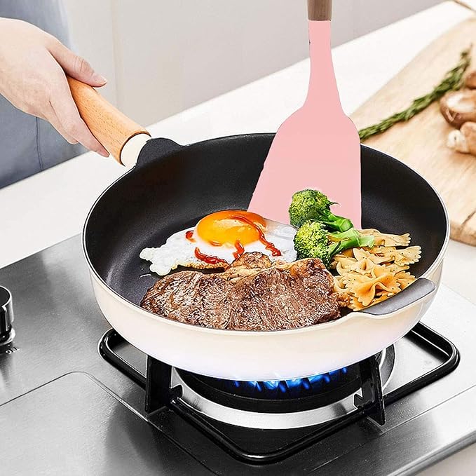 P-Plus International Silicone Spatula Wooden Handle Flexible & Heat Resistant Rubber Non Stick Pink