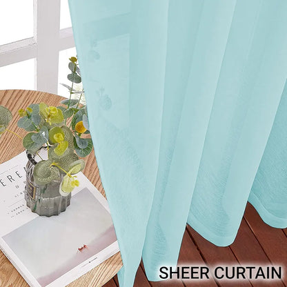 Cloth Fusion Cotton Feel Sheer Door Curtains 7 Feet Long Set of 2 Semi-Transparent Aqua