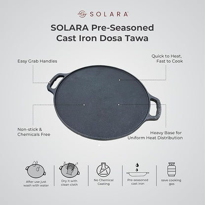 Solara Cast Iron Tawa for Dosa 12 Inch 30 Cm Tawa for Dosa Uthappam Roti Chapati
