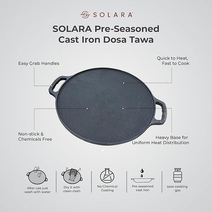 Solara Cast Iron Tawa for Dosa 12" Inch | 30 Cm | Gas & Induction Friendly, Dosa Pan Cast Iron, Cast Iron Cookware
