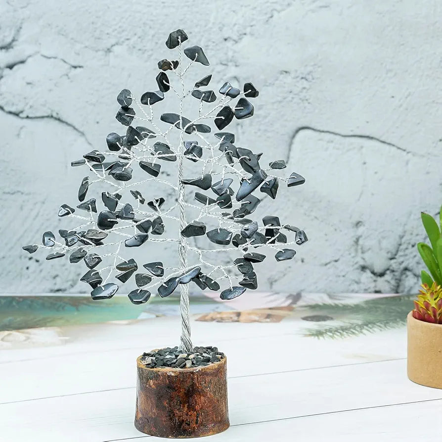 Crocon Black Tourmaline Gemstone Money Tree Feng Shui Bonsai Silver Wire