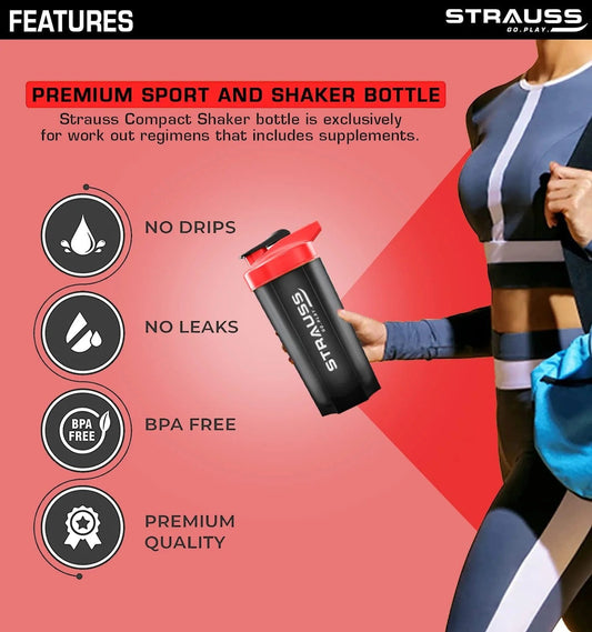 Strauss Recharge Shaker Bottle BPA-Free | Protein Shaker with Blender Ball | Black/Red