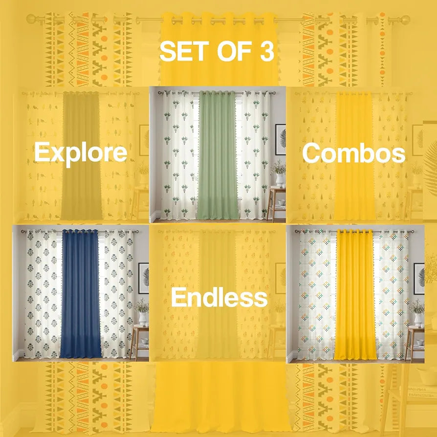 Urban Space Geometric Cotton Curtains For Door Set Of 3 Curtains For Home Decor Ikat Orange & Aura Yellow