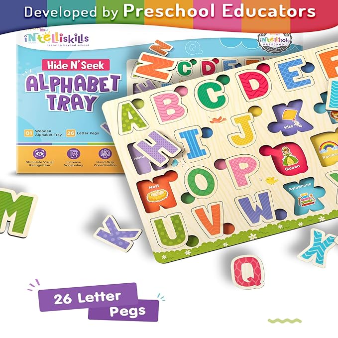 Firstcry Intelliskills Premium 26 Pieces Hide N Seek Alphabet Wooden Tray Board Puzzle | Educational and Learning Toy for Kids