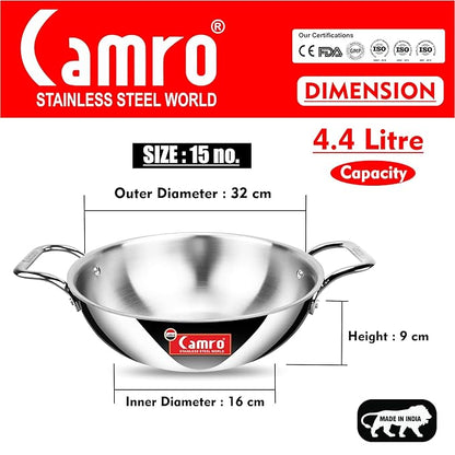Camro Triply Artisian Kadhai 28 Cm 4.4 Liters kadhai Steel Stainless Kadhai for Deep Frying