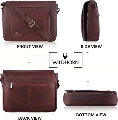 WildHorn Leather Messenger Bag for Men/Office Bag for Men | Fits Upto 15.6 Inch Laptop/MacBook | Laptop Bag/Leather Bag for Men I Dimension : L-16 inch W-3.5 inch H-12 inch