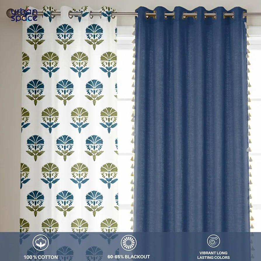 Urban Space Cotton Curtains for Door Combo Set of 3 Curtains Room Darkening Curtain for Home Decor Owl Orchid Blue & Aura Indigo