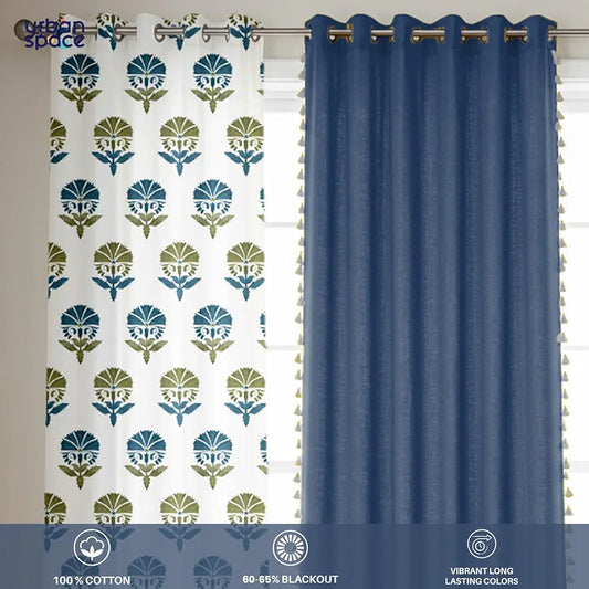 Urban Space Cotton Curtains for Door Combo Set of 3 Curtains Room Darkening Curtain for Home Decor Owl Orchid Blue & Aura Indigo