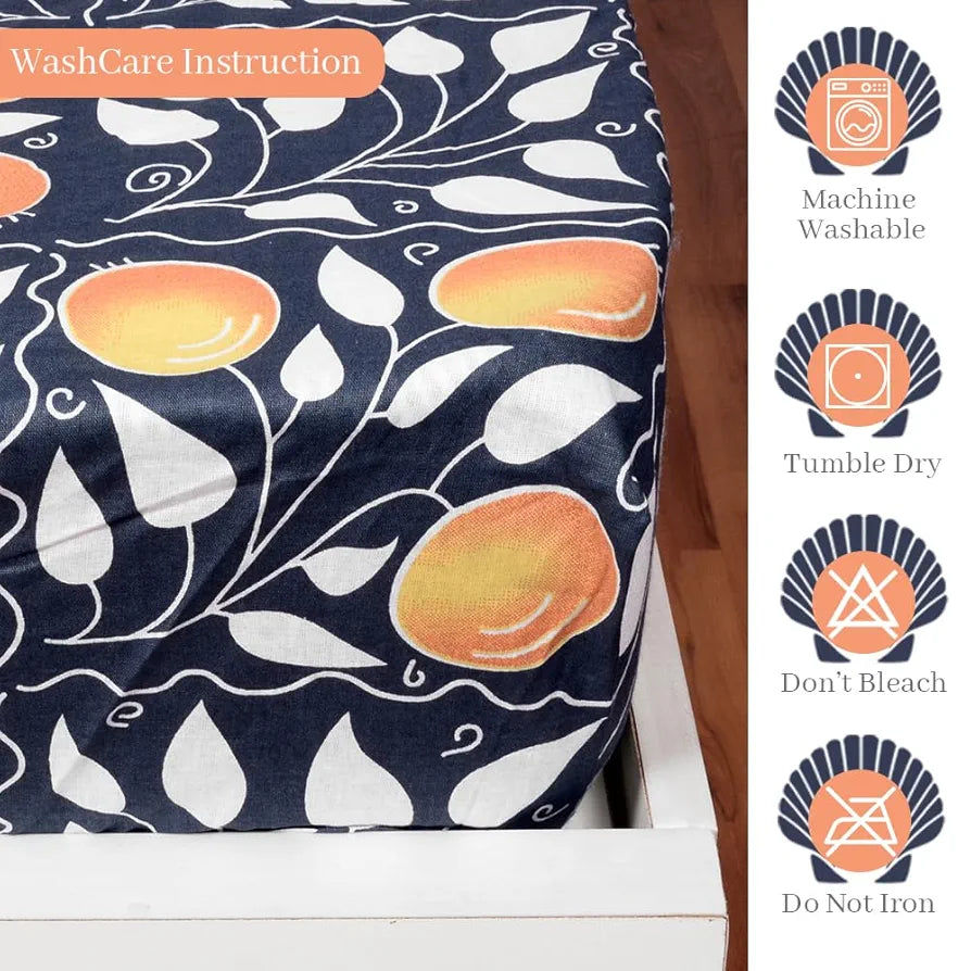 Divine Casa 144 TC 100% Cotton Deep Cobalt Floral King Size Elastic Fitted Bedsheet with 2 Pillow Covers Elegant Double Bed Set Colour Marlin