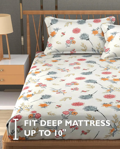 Fresh From Loom Floral Print 240 TC Microfiber King Size Fitted Bedsheet Set with 2 Pillow Covers Pastel Cream