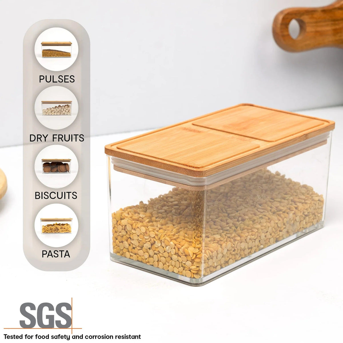 Anko 1 Litre Acrylic Airtight Food Storage Container with Bamboo Wood Lid | BPA-Free | Clear