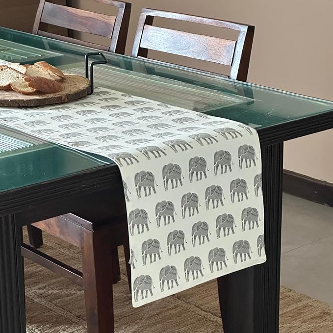 Oak & Lily Premium European Quality Cotton Table Runner Ideal for 4 Seater & 6 Seater Grey Elephant Print