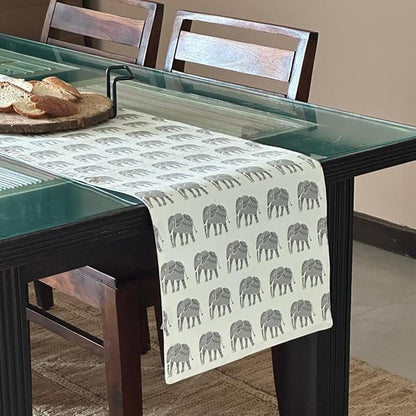 Oak & Lily Premium European Quality Cotton Table Runner Ideal for 4 Seater & 6 Seater Grey Elephant Print
