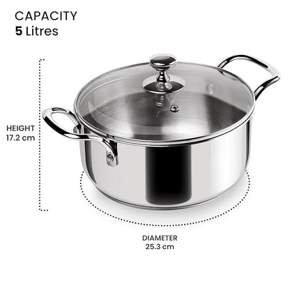 Milton Pro Cook Triply Stainless-Steel Sandwich Bottom Casserole Handi/Stock Pot/Biryani Pot with Glass Lid 24 cm, 5 Litre - 1765 gms