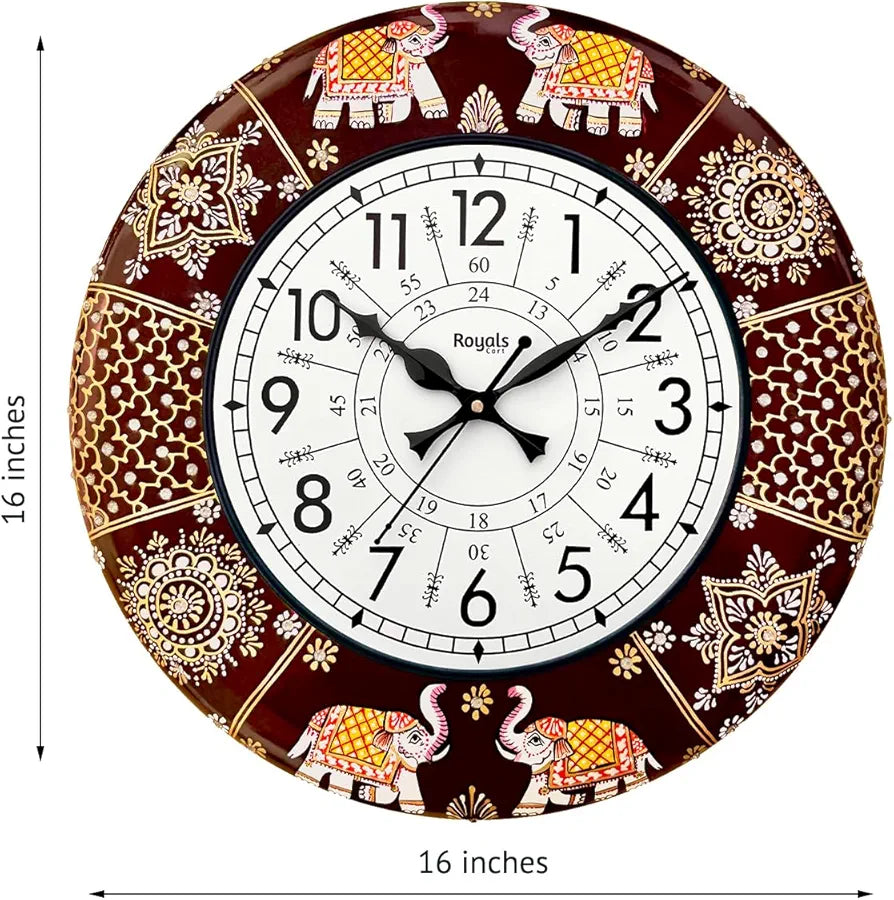 RoyalsCart Ethnic Handcrafted Decorative Analog Wall Clock with Rajasthani Elephant Painting Brown Wooden Clock [KTWC191N] Rajasthani Elephant Painting