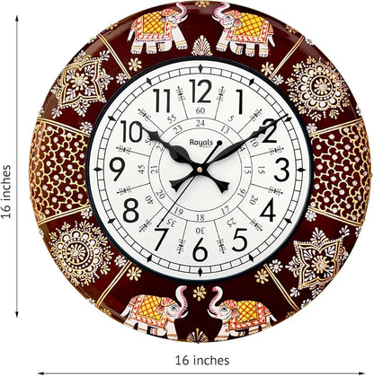 RoyalsCart Ethnic Handcrafted Decorative Analog Wall Clock with Rajasthani Elephant Painting Brown Wooden Clock [KTWC191N] Rajasthani Elephant Painting