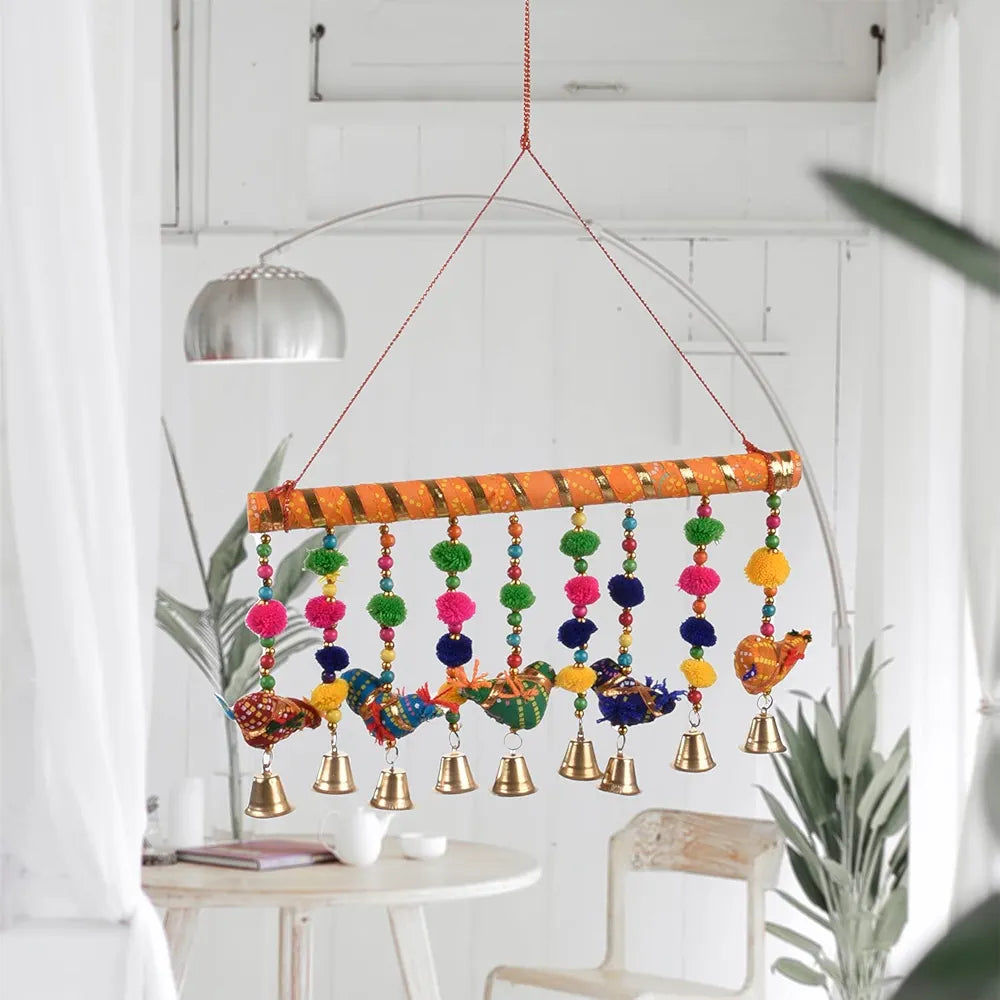 Kuber Industries Rajasthani Traditional Windchimes 5 Hanging Birds with Bamboo