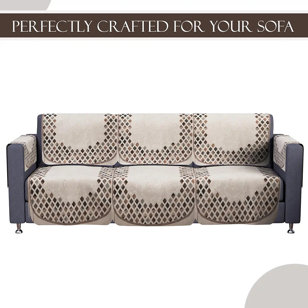 Kuber Industries Set of 16 Velvet Anti-Skid Sofa Cover 5-Seater with Arm Cover Dot Border Cream & Brown