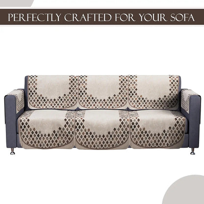 Kuber Industries Set of 16 Velvet Anti-Skid Sofa Cover 5-Seater with Arm Cover Dot Border Cream & Brown