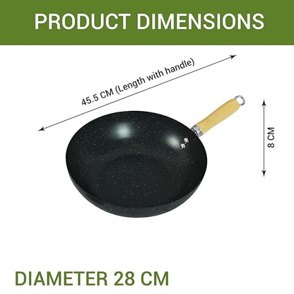 Femora Carbon Steel Wok 28 Cm With Wooden Handle | 3 Layer Non-stick Coating Wok | Black
