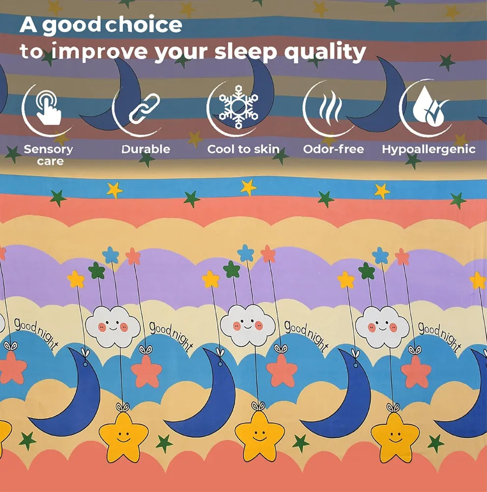 Fresh From Loom Animal 300 TC Elastic Fitted Bedsheet for Kids with Two Pillow Cover Moon Gud Night Queen Gud Night Multi Color