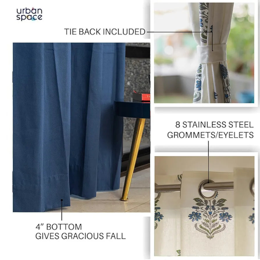 Urban Space Cotton Curtains for Door Combo Set of 3 Curtains 7 feet Long Room Darkening Curtain Tieback & Eyelets Included with Curtains Liberty Blue & Aura Indigo